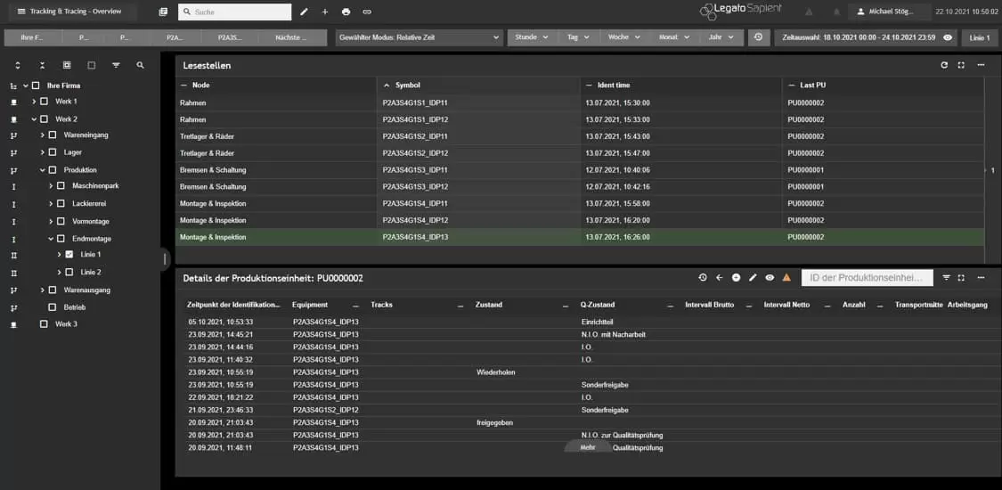 Track & Trace Detailansicht einer Produktionseinheit